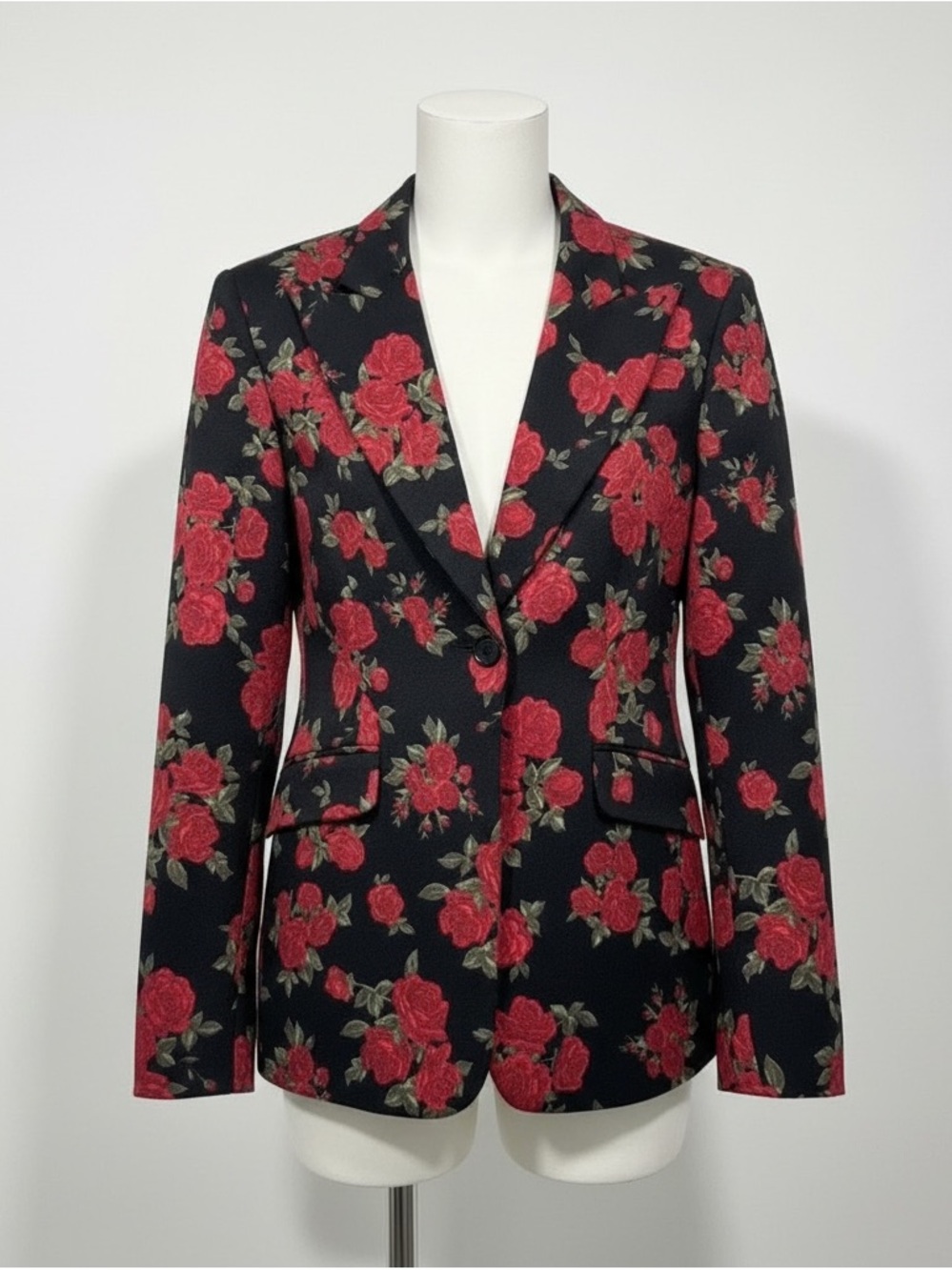 Vintage 90s Moschino Jeans Black Red Rose Print Blazer IT 42 USA 8
